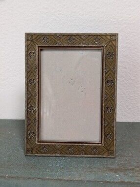 Vintage Gold and Silver Tone Metal Floral Jeweled Enamel Picture Frame 4x6 Photo